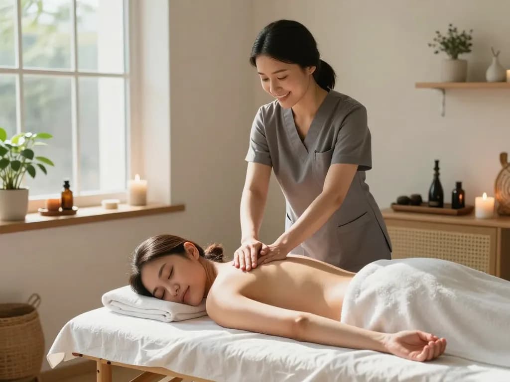 Client receiving a tranquil 출장마사지 in a relaxing home setting with natural light.