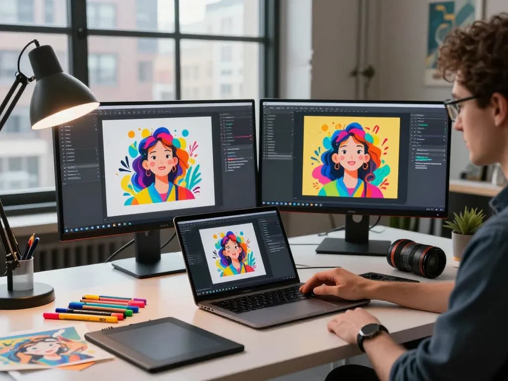 Creative professional using an image to prompt generator in a dynamic workspace with AI tools displayed on screens.