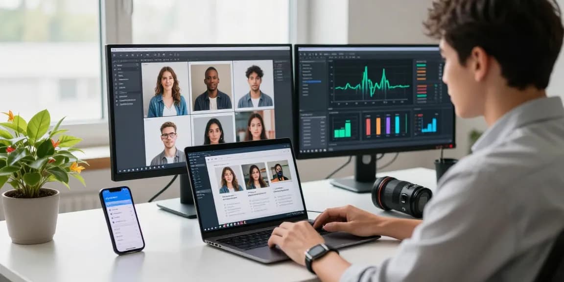 AI image detector software in modern workspace analyzing digital images for authenticity