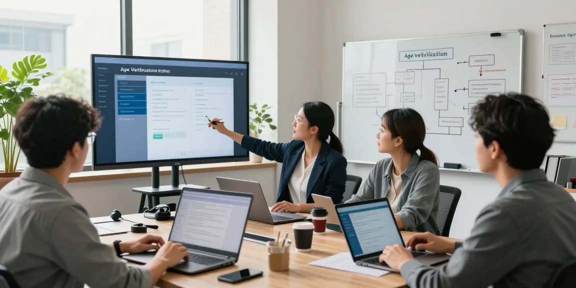 Team collaborating on age verification system in a modern office.