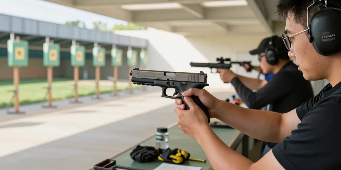 Expert examining Glock slide from https://precisionglockslides.com at shooting range, emphasizing precision and customization.