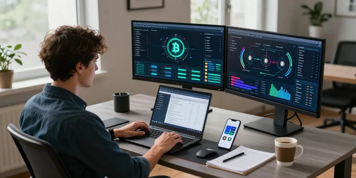 Mining crypto online using advanced technology in a professional workspace with cryptocurrency tools and analytics.