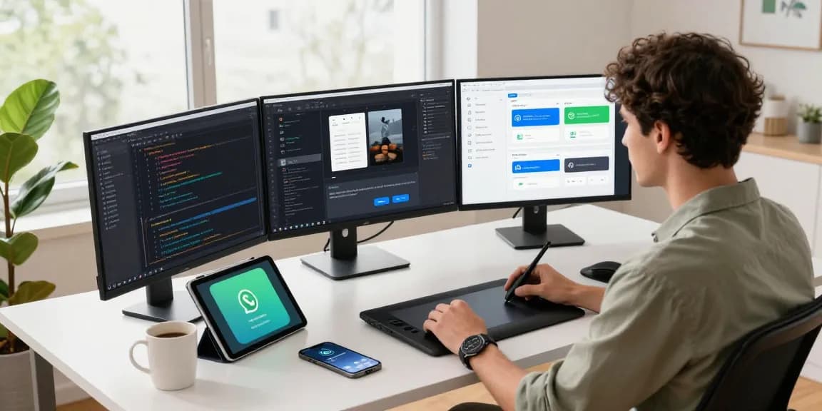 Mobile developer creating apps in a modern workspace for WhatsApp下載.