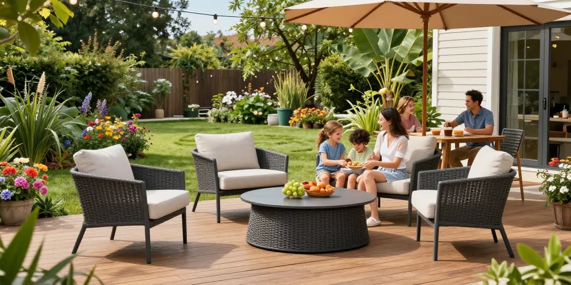 Stylish outdoor seating furniture showcasing a contemporary dining set in a vibrant patio scene.