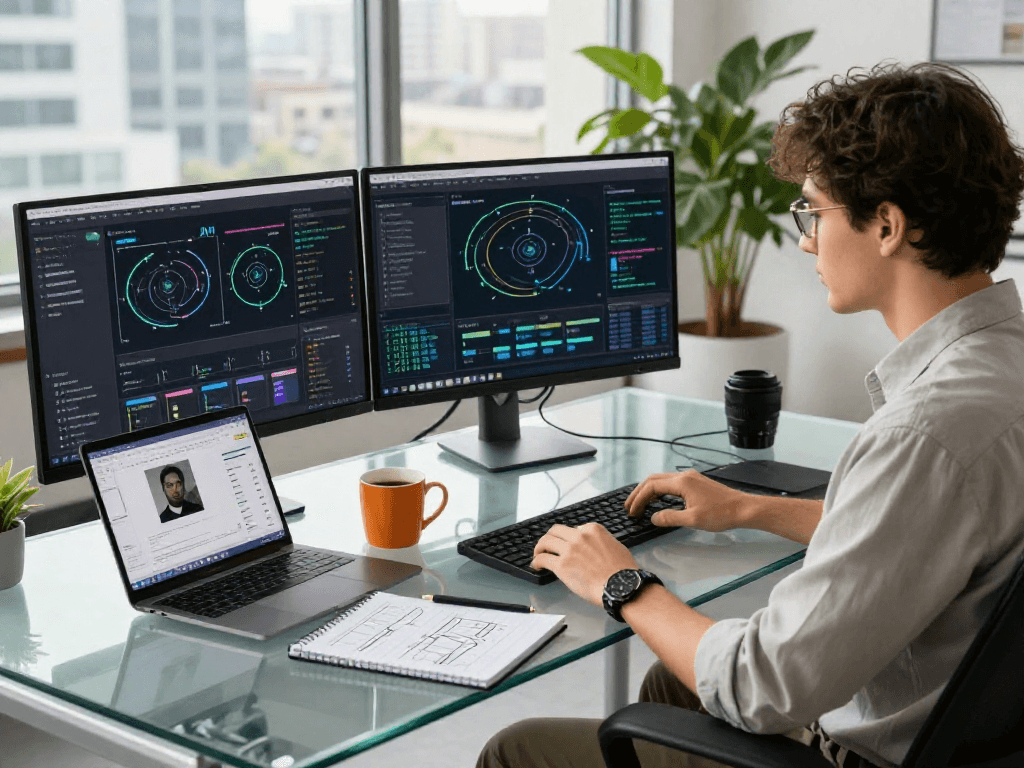 Detect AI image technologies in action at a modern workspace with advanced data analysis.