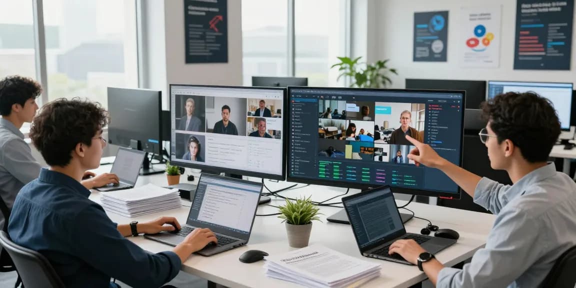 Team utilizing an ai image detector to analyze images and videos in a modern digital workspace.