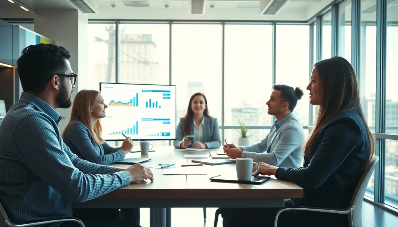 Optimizing marketing strategies at https://alvionz.de/ with a collaborative team in an office.