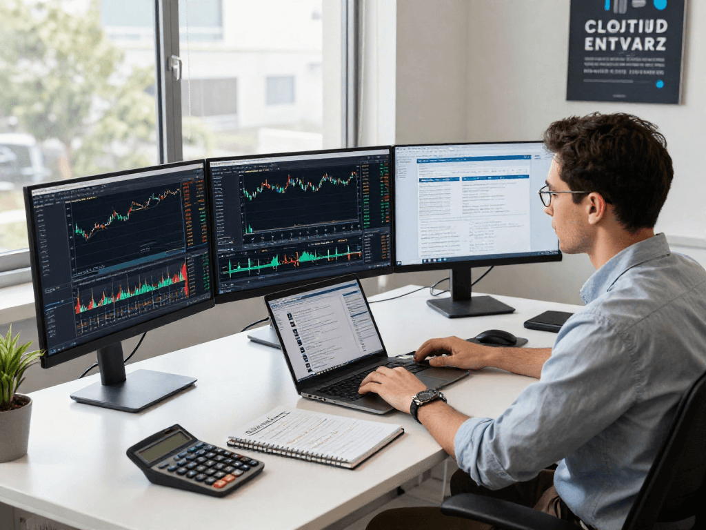 Engaged trader using TradingView at a modern workspace filled with market analysis tools.