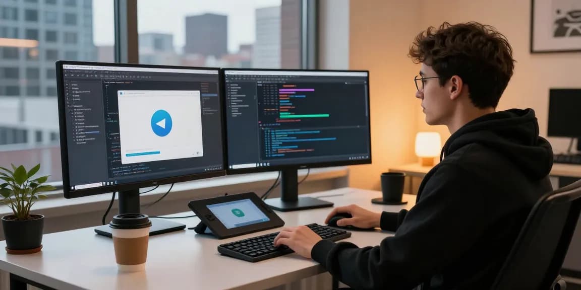 Developer coding on dual monitors in a modern workspace showcasing telegram官网 app elements.