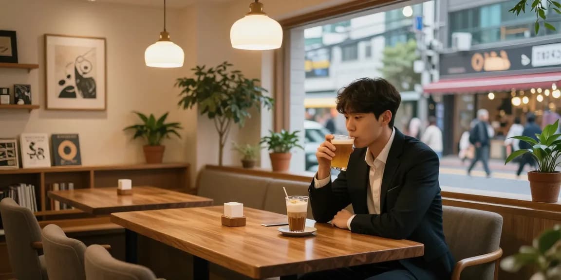 강남쩜오 멀리건에서 혼자 시간을 즐기는 직장인 모습, 아늑하고 세련된 분위기의 공간입니다.