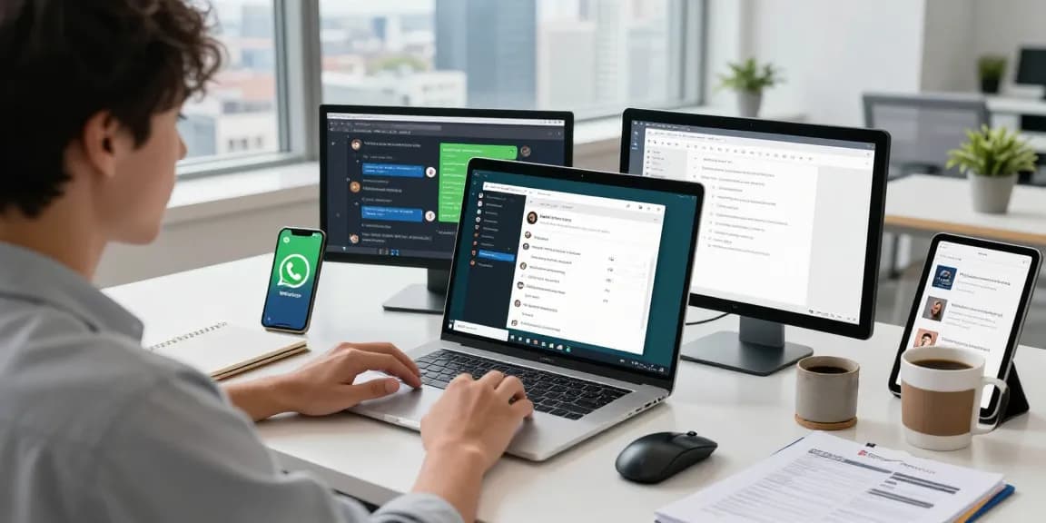 Professional using WhatsApp網頁版 on laptop in modern office setting.