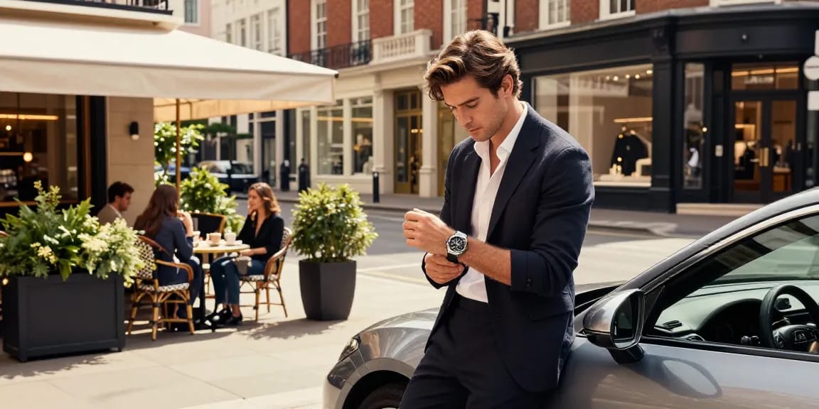 Elegantly showcasing super clone watches in a trendy urban setting with fashionable accessories and lifestyle elements.