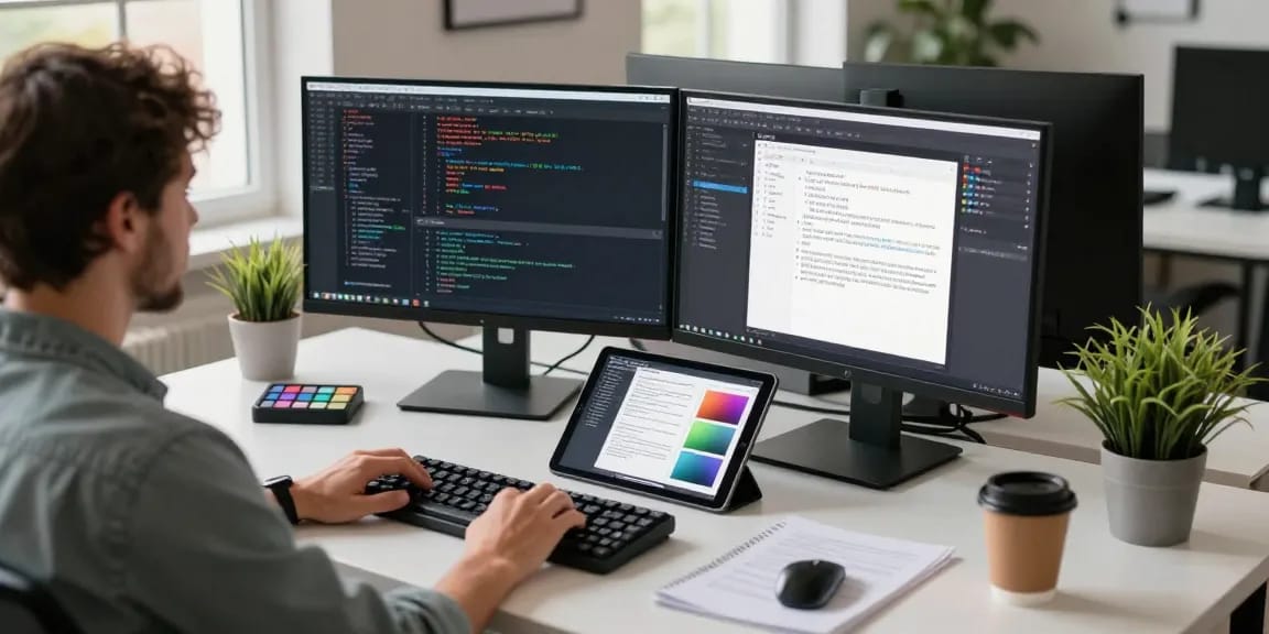 Intelligent screenshot tool development workspace with dual monitors, showcasing innovative features and design mockups