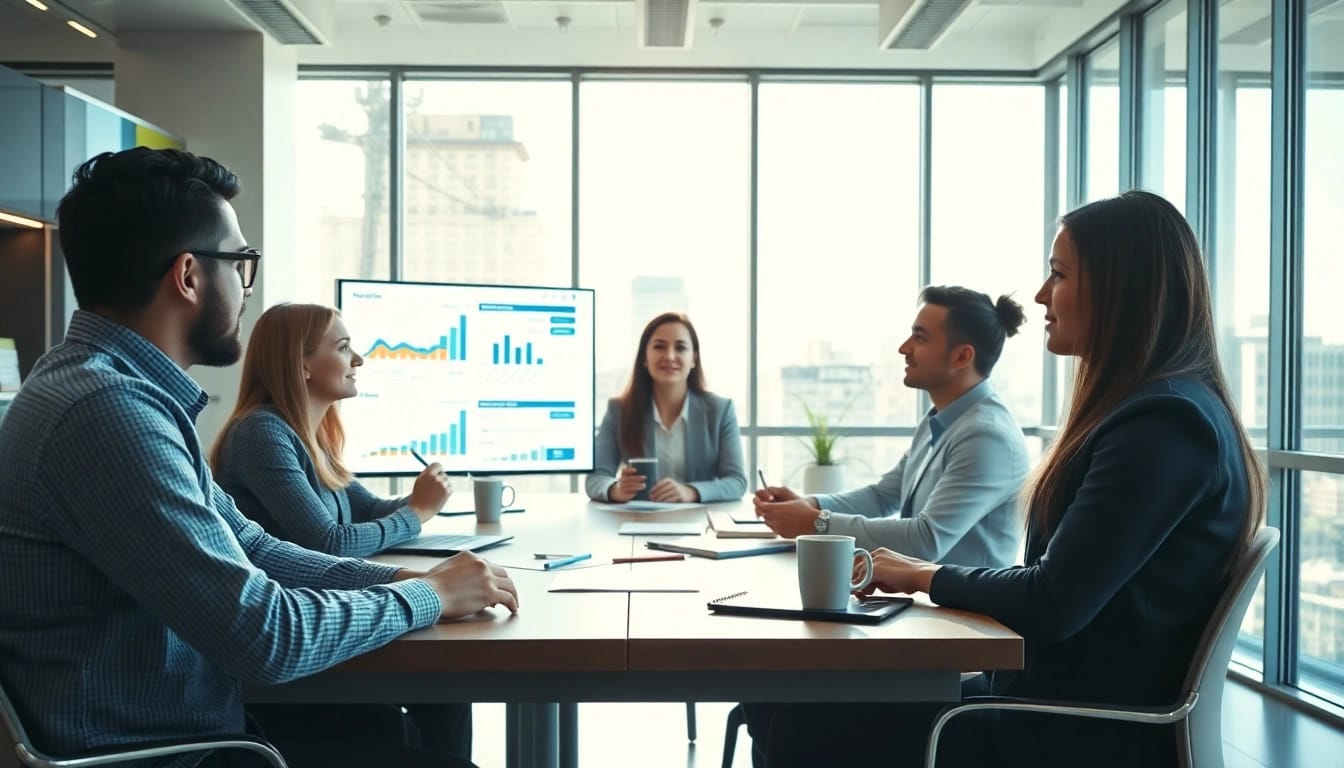 Optimizing marketing strategies at https://alvionz.de/ with a collaborative team in an office.