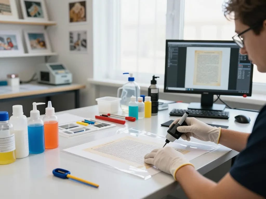 Bóc giấy ép plastic tại hà nội with a technician restoring documents using advanced technology, showcasing professional expertise.