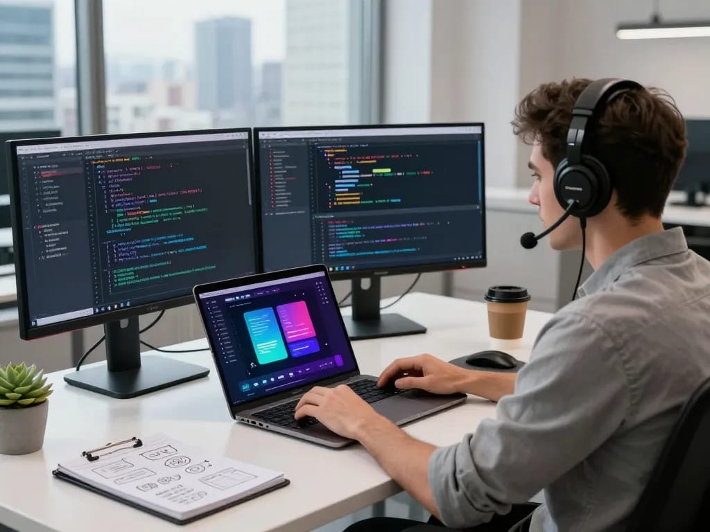 Developer coding an openclaw AI assistant on multiple screens in a modern workspace