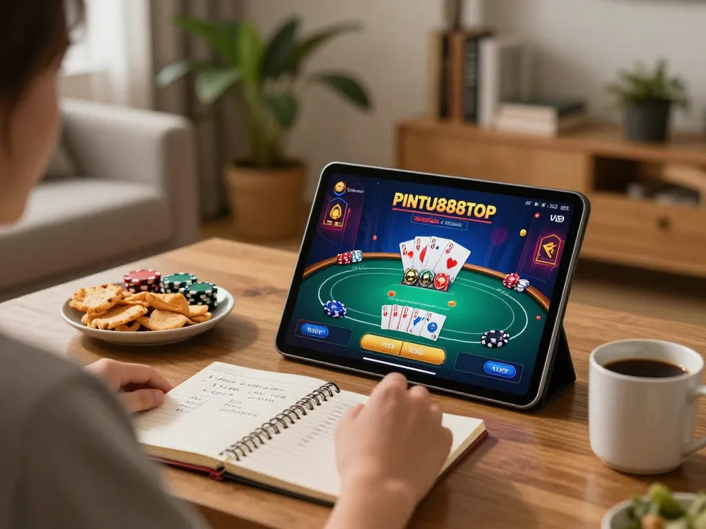 Person playing poker on the pintu888top app in a cozy home setting, emphasizing responsible gambling.