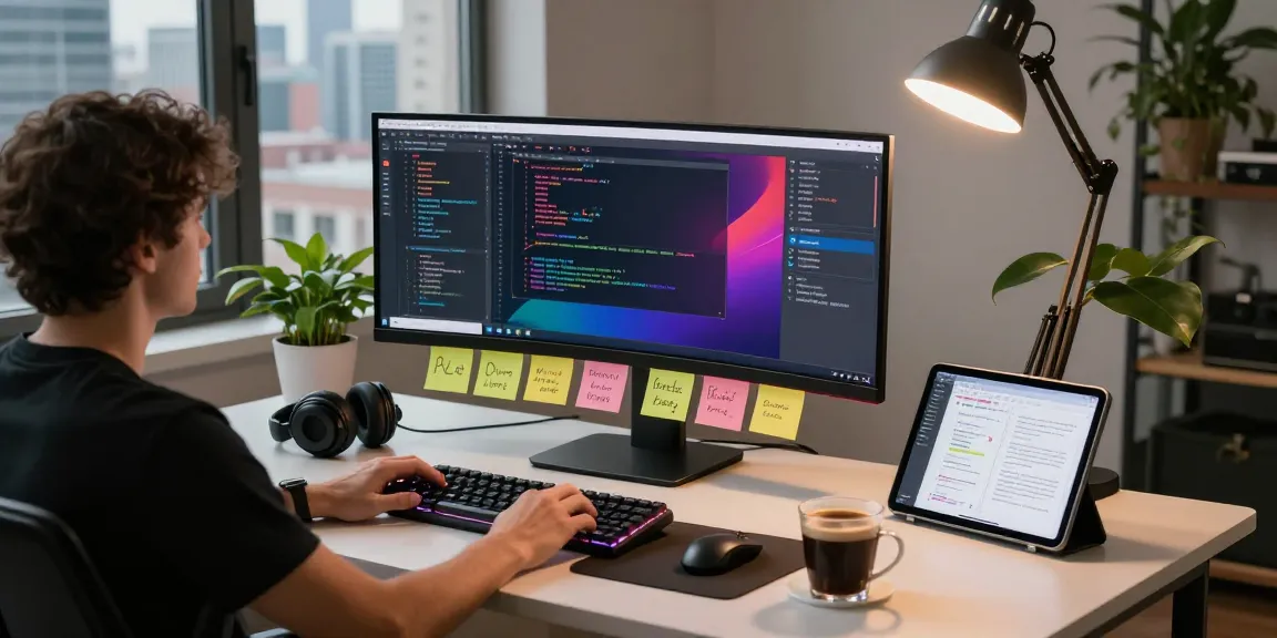 Frontend development with React in a vibrant software workspace featuring a developer coding on a modern curved monitor.