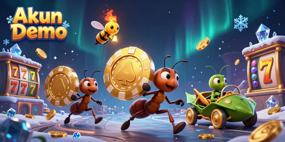 Akun Demo scene showcasing a cartoon heist with ants, golden poker chip, and casino elements