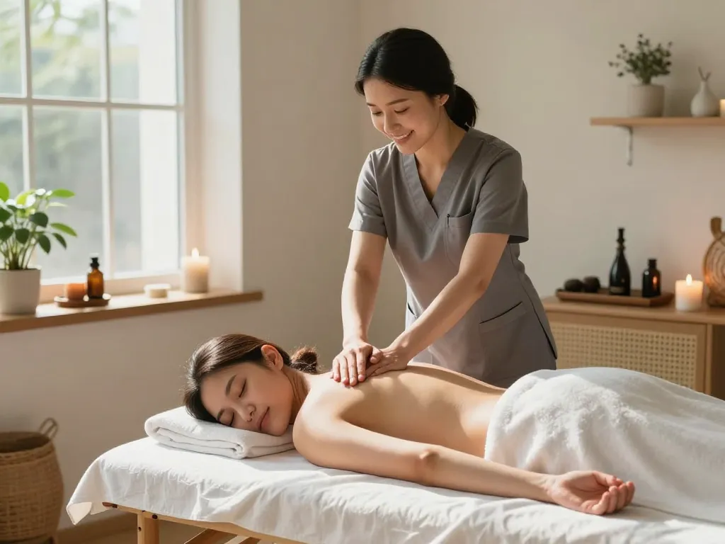 Client receiving a tranquil 출장마사지 in a relaxing home setting with natural light.