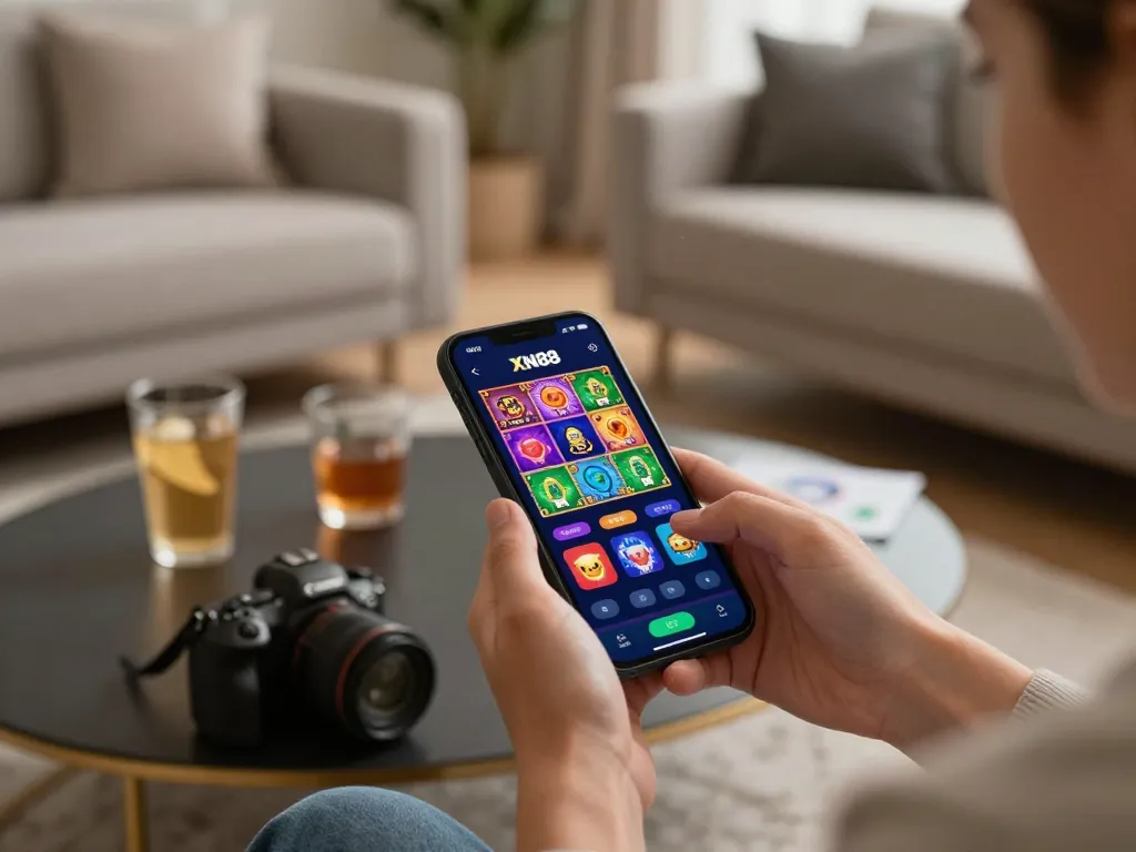 Xn88 mobile gambling experience highlighted in a cozy living room setting, showcasing an engaging gaming scenario.