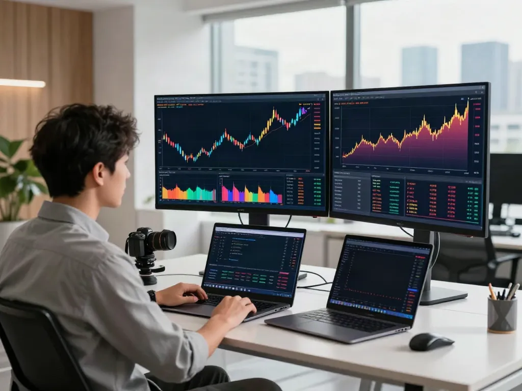 Trader analyzing financial charts on multiple screens in a modern workspace, highlighting tradingview官网 tools and setups.