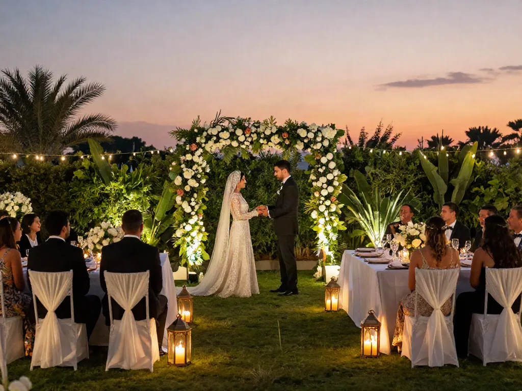 Outdoor wedding ceremony showcasing event rental ksa features with elegant decor and warm lighting.