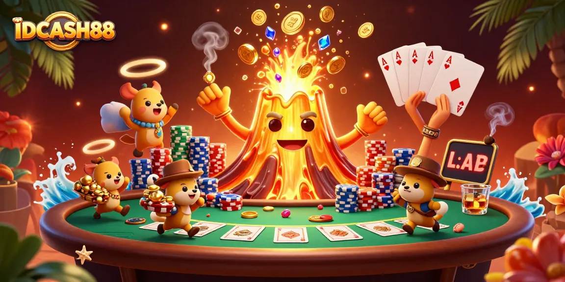 Experience the excitement of IDCASH88, where a volcano creates a treasure burst amidst thrilling poker action.