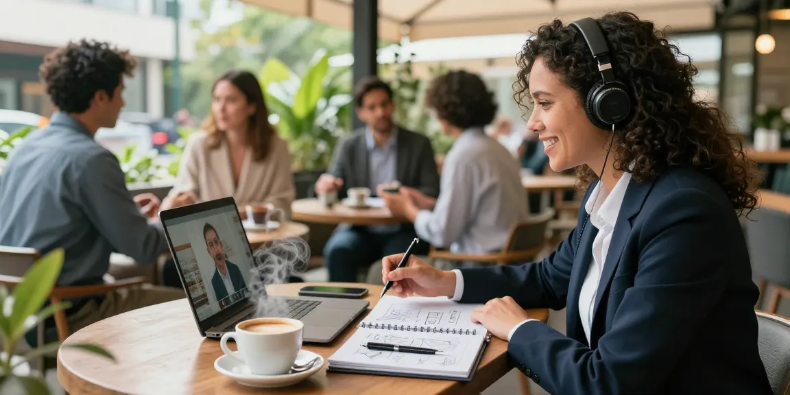 Self-employed consultant networking at an open-air café during a video call.