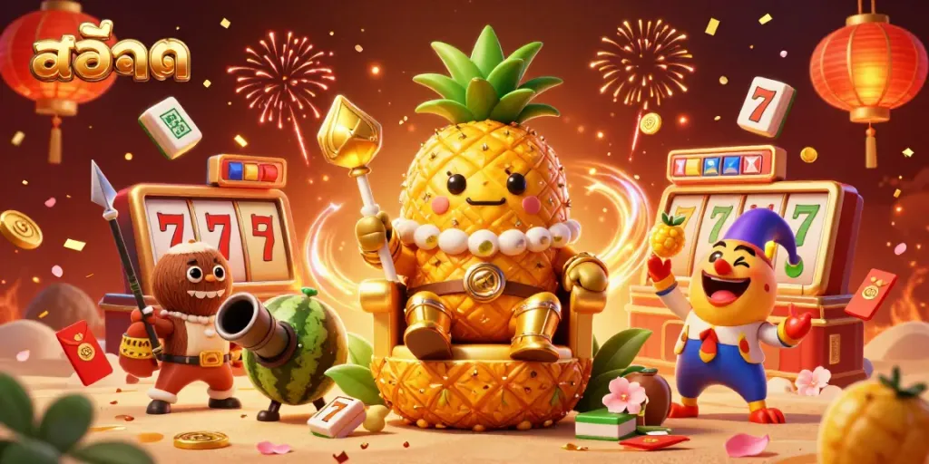 Engage with สล็อต as the golden pineapple king rules the beach casino in a vibrant 3D scene.