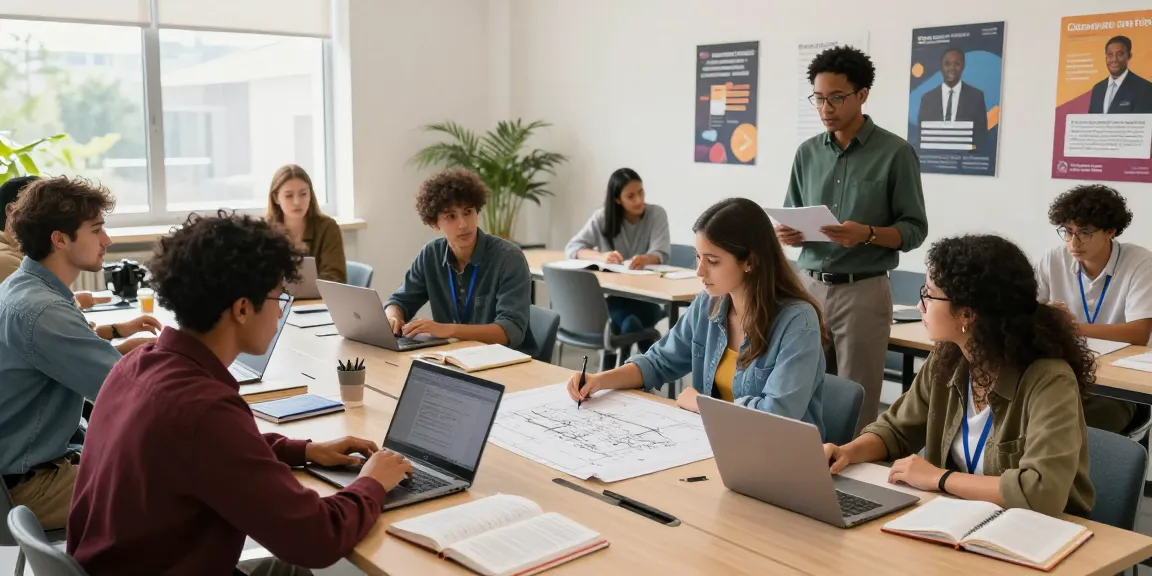University and trade schools graduates collaborating in a lively classroom, showcasing teamwork and learning.