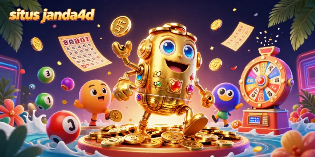 Gambarkan suasana menarik di situs janda4d dengan simbol mesin slot dan bola lotere berwarna-warni yang memancarkan energi perjudian.
