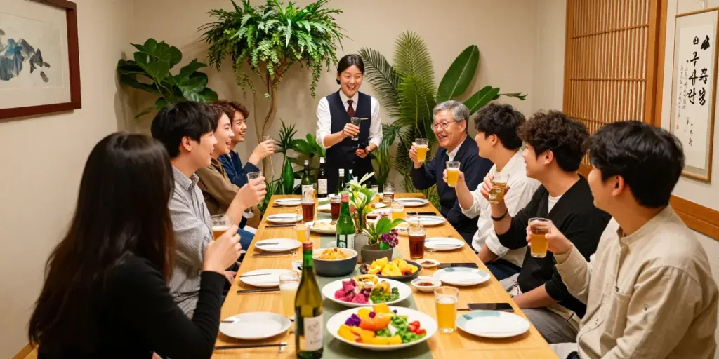 강남 구구단에서 친구들과 음료를 즐기는 활기찬 모임 장면