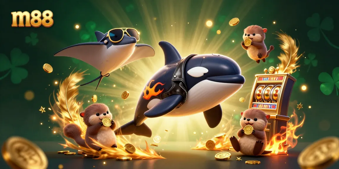 m88 showcases thrilling slot action with an orca whale, stingray, and otters celebrating wins