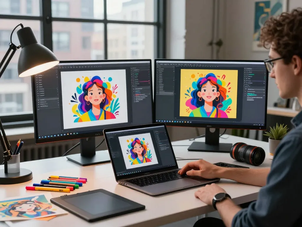 Creative professional using an image to prompt generator in a dynamic workspace with AI tools displayed on screens.