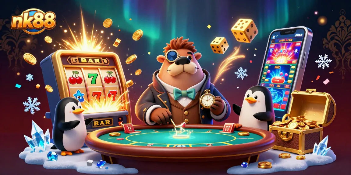 Engage with nk88 at a vibrant underwater poker table featuring a walrus, penguin dealer, and pufferfish