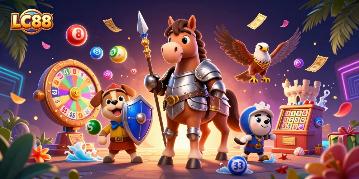 Experience the excitement of LC88 as knights and a falcon join colorful lottery elements in a vibrant gaming scene.