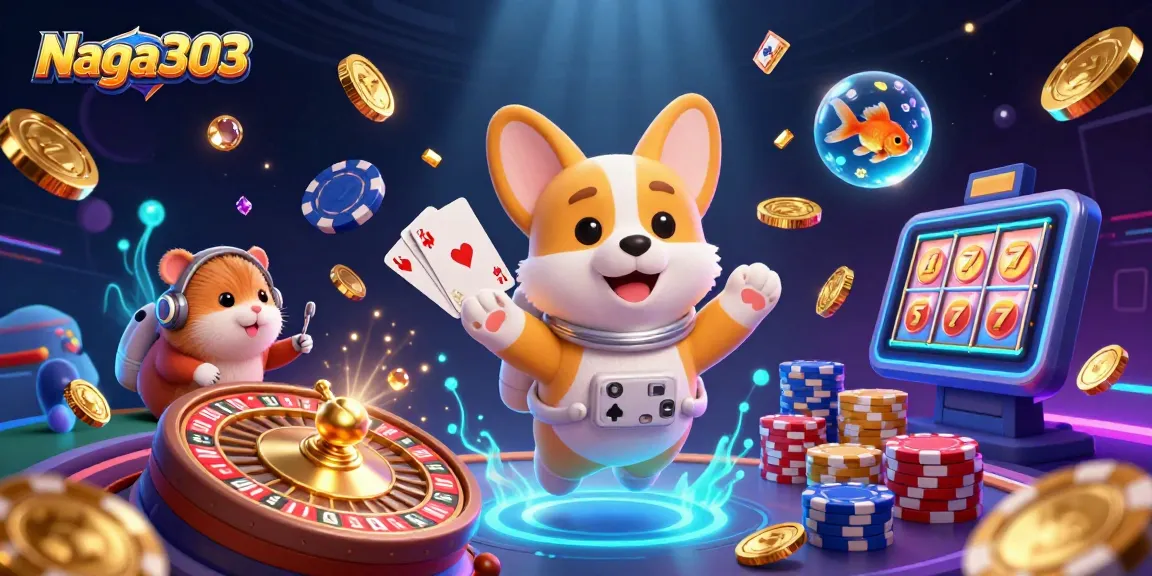 Naga303 offers an exciting casino experience with a 3D cartoon astronaut corgi in a vibrant space station.