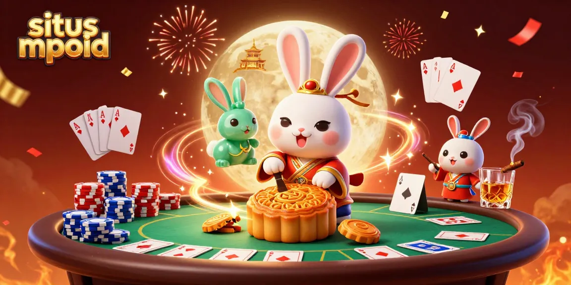 Experience winning at situs mpoid with a vibrant scene featuring a moon rabbit, poker elements, and festive decorations.