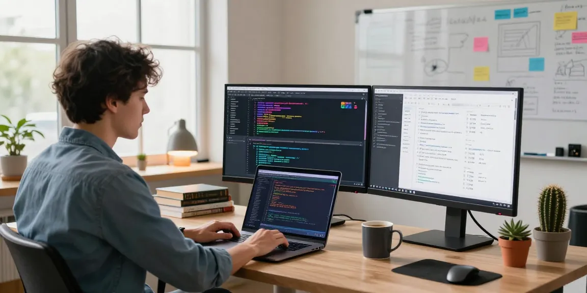 Innovative developer workspace featuring telegram官网 coding setup and collaborative tools, embodying a modern tech environment.