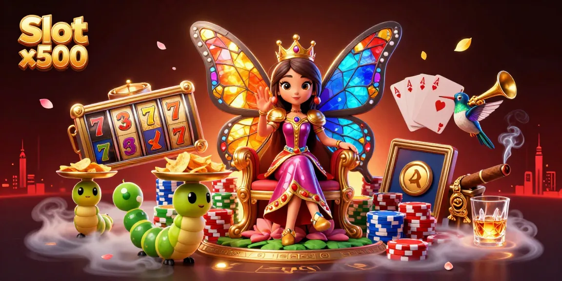 Experience the thrill of Slot x500 with a vibrant illustration featuring a butterfly queen and game elements.