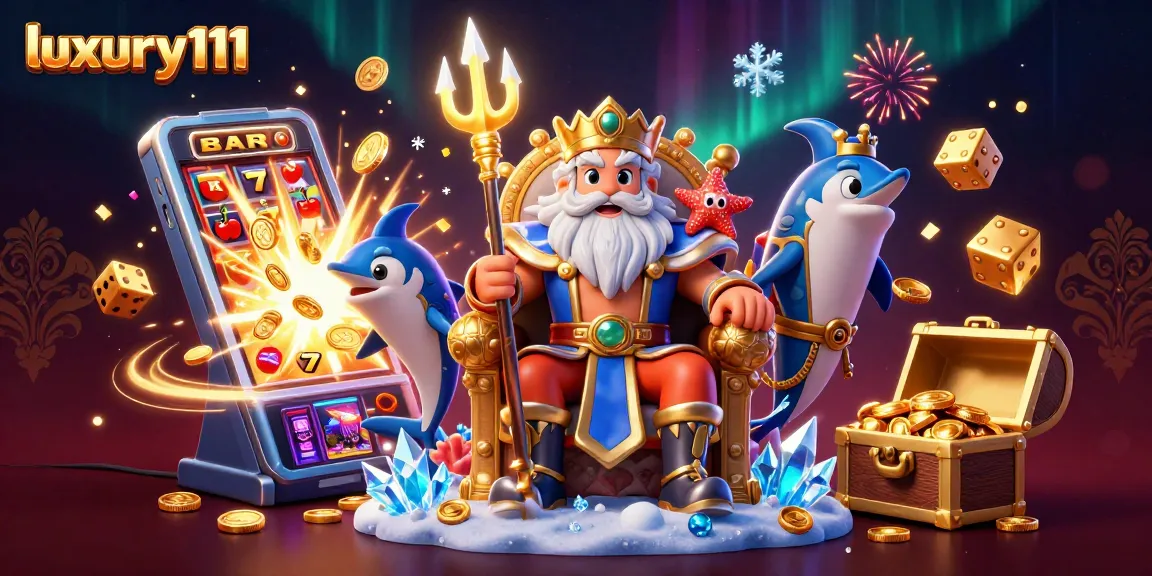 Experience the excitement of luxury111 with a vibrant casino illustration featuring Neptune and playful sea creatures.
