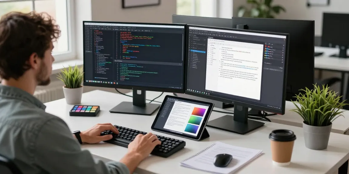 Intelligent screenshot tool development workspace with dual monitors, showcasing innovative features and design mockups