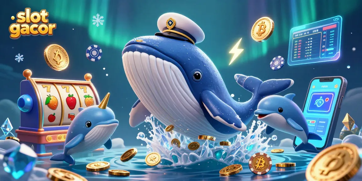 Slot gacor menampilkan ikan paus 3D bermain di lautan koin dengan simbol slot