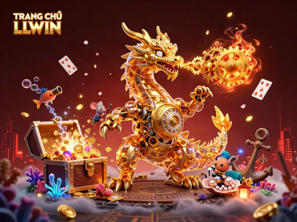 Engage with thrilling games at TRANG CHỦ LLWIN, featuring gold coins, vibrant slot symbols, and spectacular casino elements.
