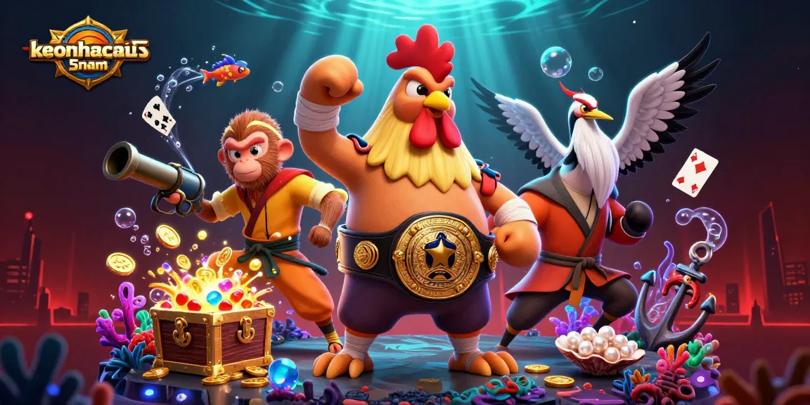 Experience thrills with keonhacai5nam, showcasing dynamic characters before a vibrant casino backdrop.