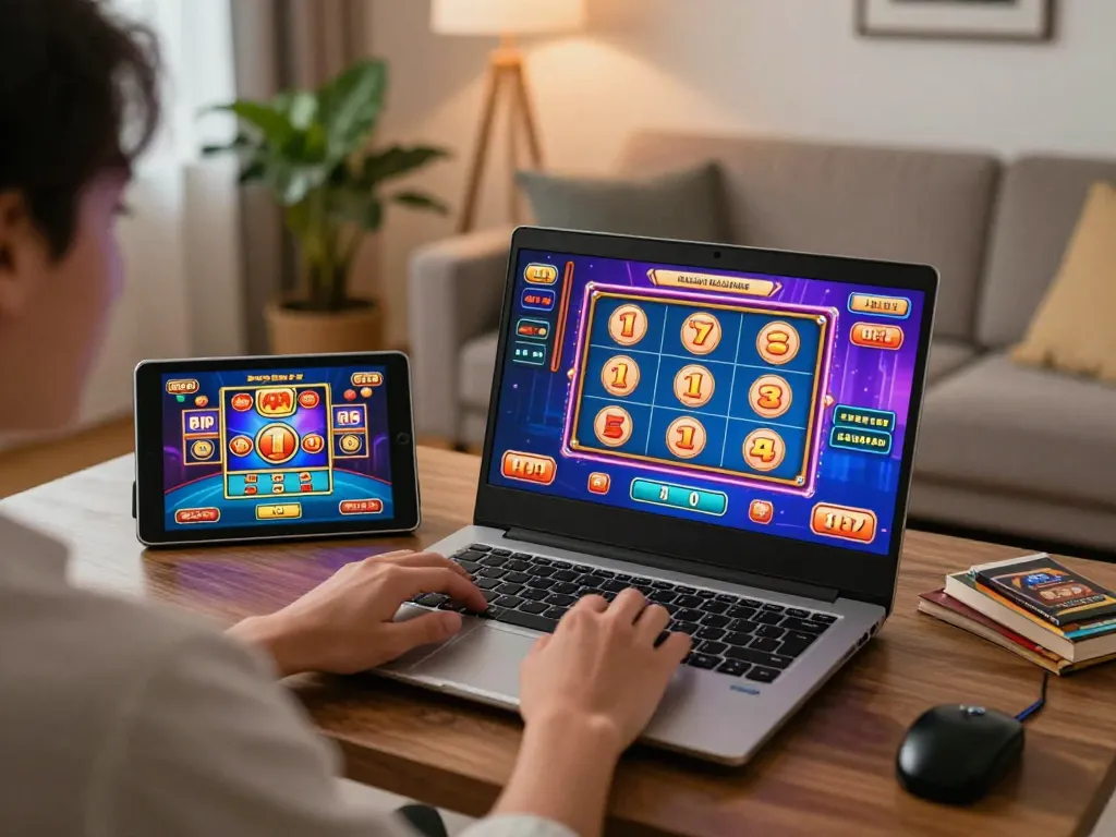 Engaging online gaming experience showcasing 555win slots on a laptop amidst cozy home decor.