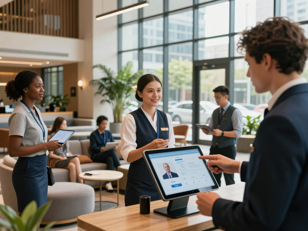 Hospitality professionals utilizing rokok88 alternatif technology for guest services in a modern hotel.