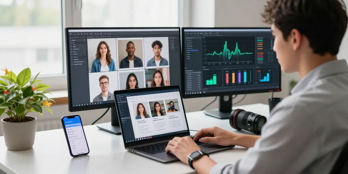 AI image detector software in modern workspace analyzing digital images for authenticity