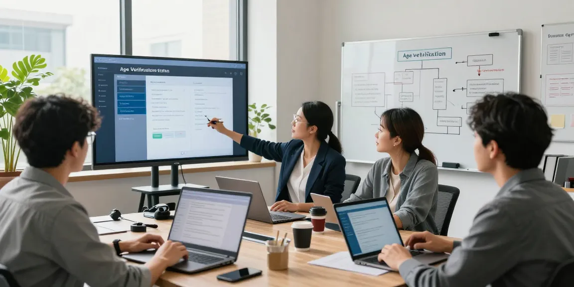 Team collaborating on age verification system in a modern office.